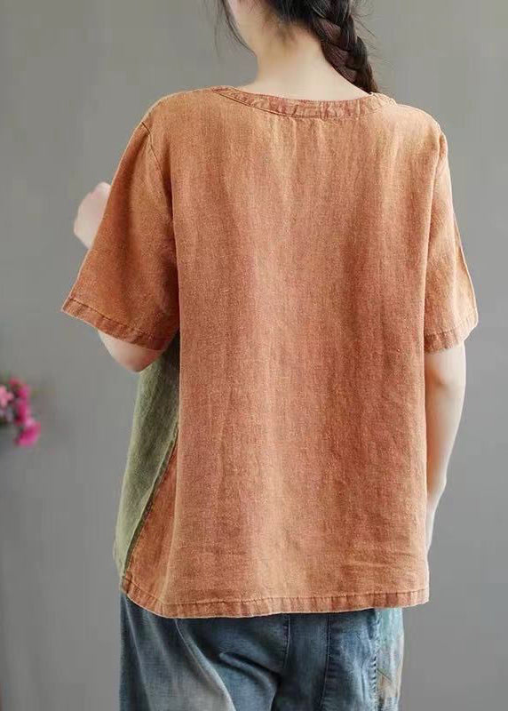 Casual Khaki O Neck Patchwork Cotton Top Short Sleeve