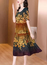Casual Khaki O-Neck Patchwork Print Silk Long Dress Summer