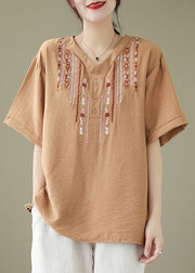 Casual Khaki Oversized Embroidered Cotton Blouse Tops Summer