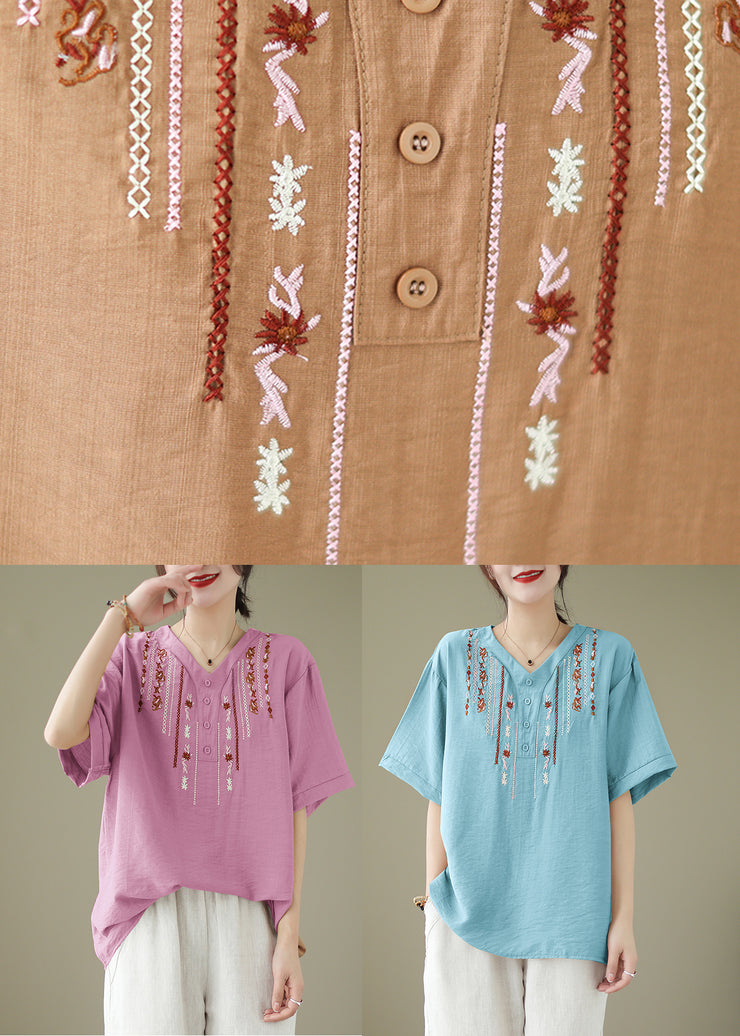 Casual Khaki Oversized Embroidered Cotton Blouse Tops Summer