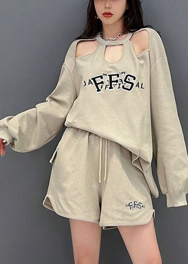 Casual Khaki Oversized Hollow Out Cotton Sweatshirt Two Pieces Set Fall
