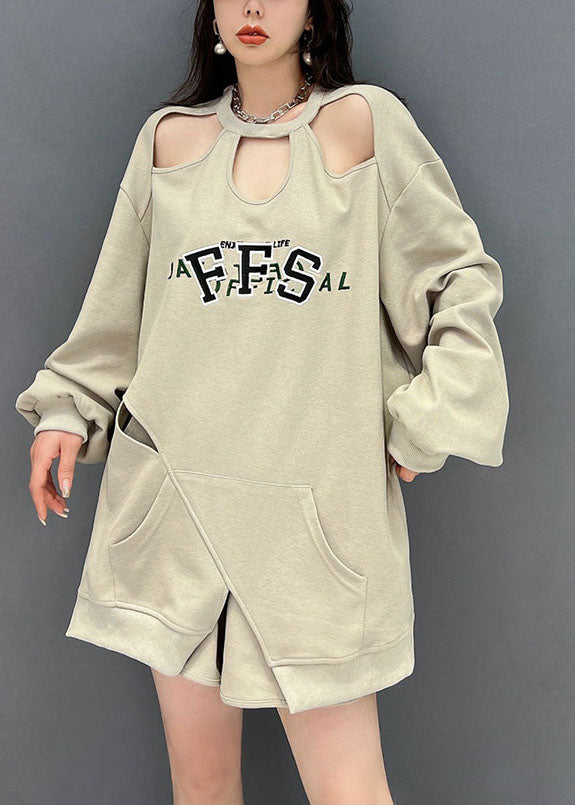Casual Khaki Oversized Hollow Out Cotton Sweatshirt Two Pieces Set Fall