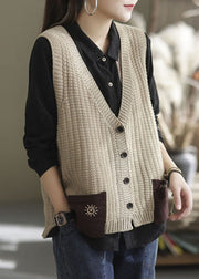 Casual Khaki Oversized Patchwork Pockets Knit Vest Sleeveless