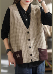 Casual Khaki Oversized Patchwork Pockets Knit Vest Sleeveless