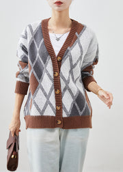 Casual Khaki Oversized Plaid Knit Jacket Fall