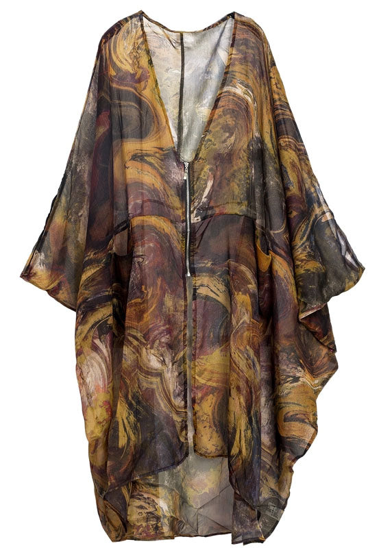 Casual Khaki Oversized Print Chiffon UPF 50+ Coat Jacket Batwing Sleeve