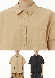 Casual Khaki Peter Pan Collar Button Solid Cotton Shirt Summer