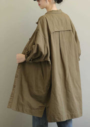 Casual Khaki Peter Pan Collar Pockets Patchwork Cotton Coat Long Sleeve