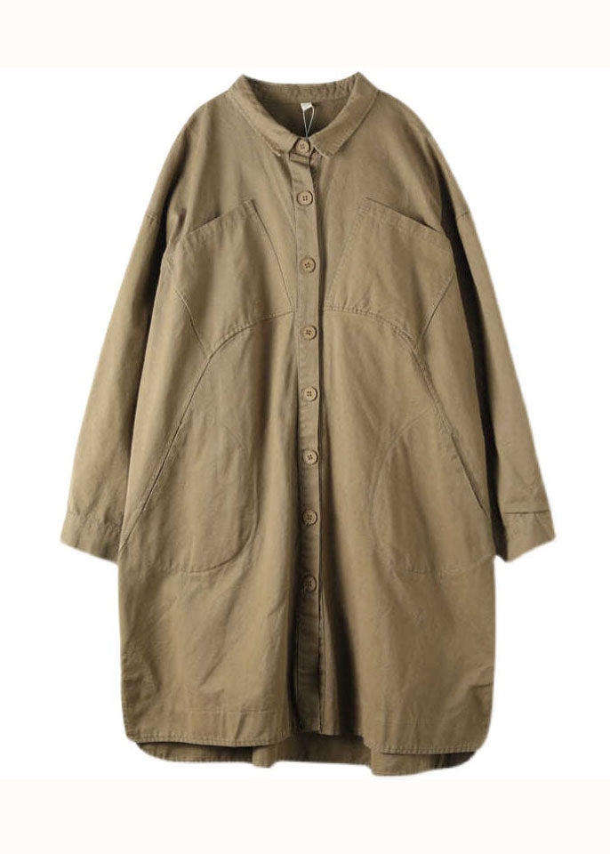 Casual Khaki Peter Pan Collar Pockets Patchwork Cotton Coat Long Sleeve