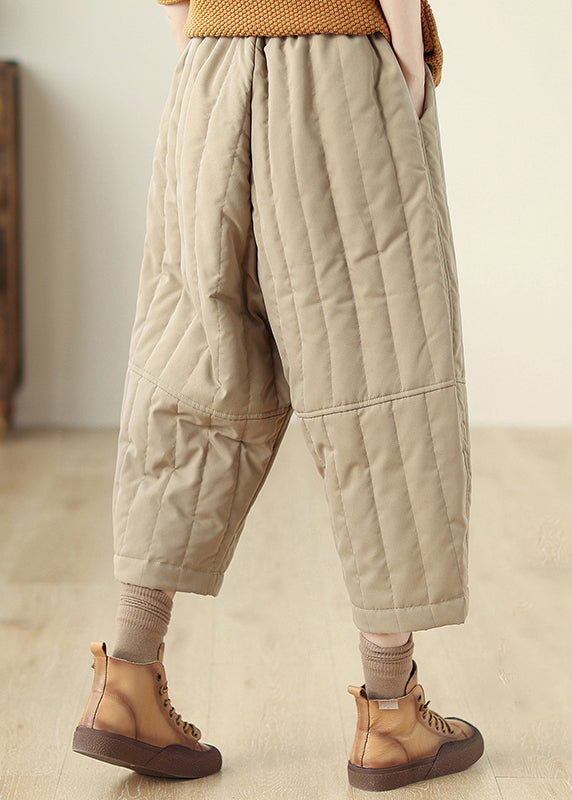 Casual Khaki Pockets Elastic Waist Fine Cotton Filled Crop Pants Winter