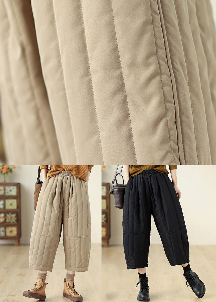 Casual Khaki Pockets Elastic Waist Fine Cotton Filled Crop Pants Winter