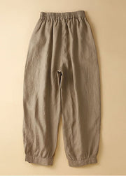 Casual Khaki Ruffled Pockets Linen Crop Pants Trousers Summer