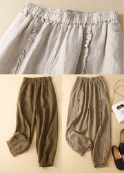 Casual Khaki Ruffled Pockets Linen Crop Pants Trousers Summer