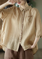 Casual Khaki Solid Button Pockets Linen Shirt Tops Half Sleeve