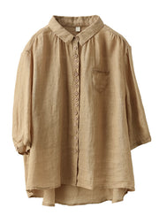 Casual Khaki Solid Button Pockets Linen Shirt Tops Half Sleeve