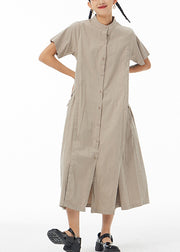 Casual Khaki Stand Collar Button Solid Cotton Long Shirt Dress Summer