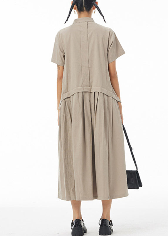 Casual Khaki Stand Collar Button Solid Cotton Long Shirt Dress Summer