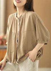 Casual Khaki Stand Collar Drawstring Button Silk Shirt Top Bracelet Sleeve