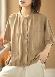 Casual Khaki Stand Collar Drawstring Button Silk Shirt Top Bracelet Sleeve