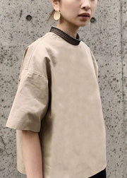 Casual Khaki Stand Collar Oversized Patchwork Cotton Tank Short Sleeve