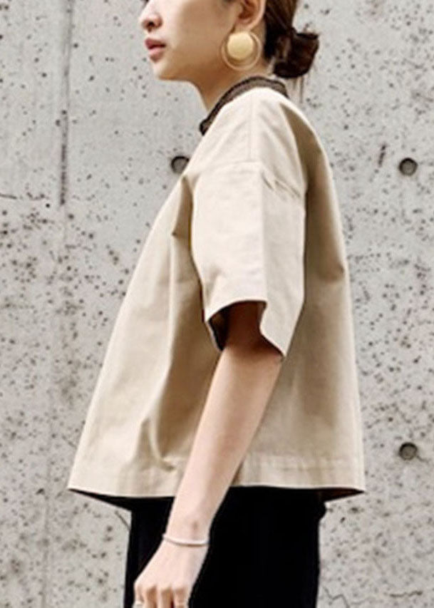 Casual Khaki Stand Collar Oversized Patchwork Cotton Tank Short Sleeve