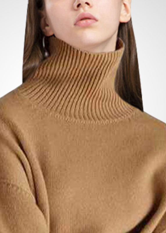 Casual Khaki Turtle Neck Low High Design Cozy Wool Knit Pullover Winter