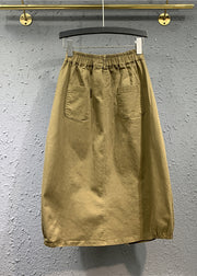 Casual Khaki Wrinkled Pockets Patchwork Cotton Skirts Fall
