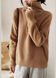 Casual Khaki Zip Up Knit Sweater Tops Winter