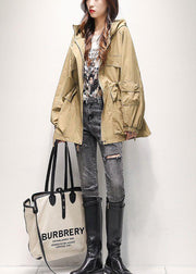 Casual Khaki Zip Up Pockets Drawstring Cotton Hooded Trench Spring