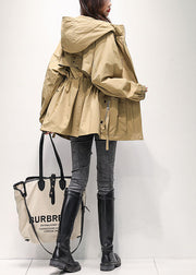 Casual Khaki Zip Up Pockets Drawstring Cotton Hooded Trench Spring