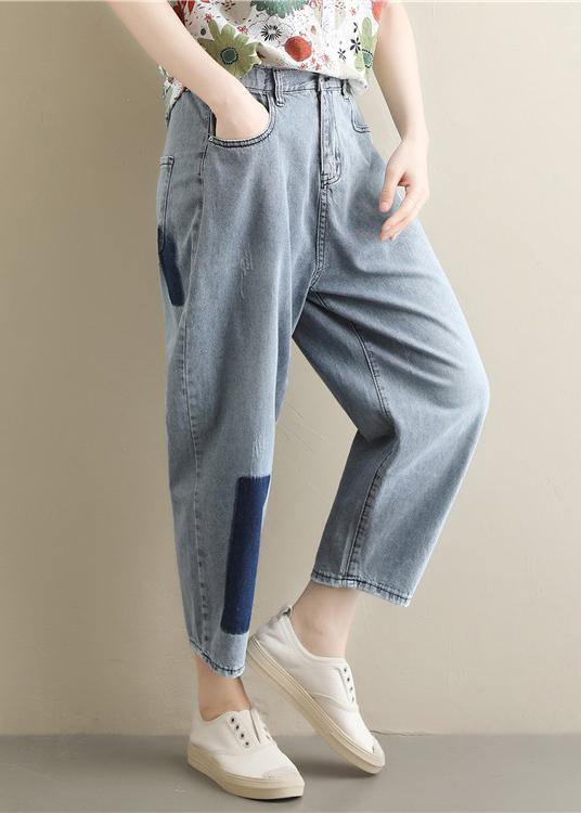 Casual Korean version of light blue pants loose wild nine points jeans elastic waist pants - SooLinen