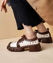 Casual Lace Up Chunky High Heels Brown Cowhide Leather Loafers For Women