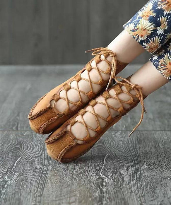 Casual Lace Up Splicing Flat Shoes Khaki Cowhide Leather