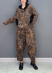 Casual Leopard Hooded Patchwork Cotton Two Pieces Set Spring