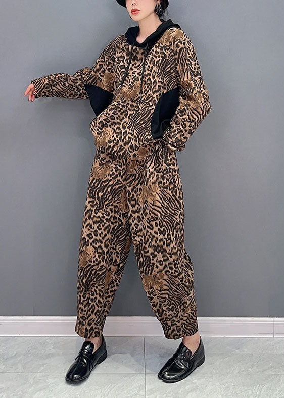Casual Leopard Hooded Patchwork Cotton Two Pieces Set Spring
