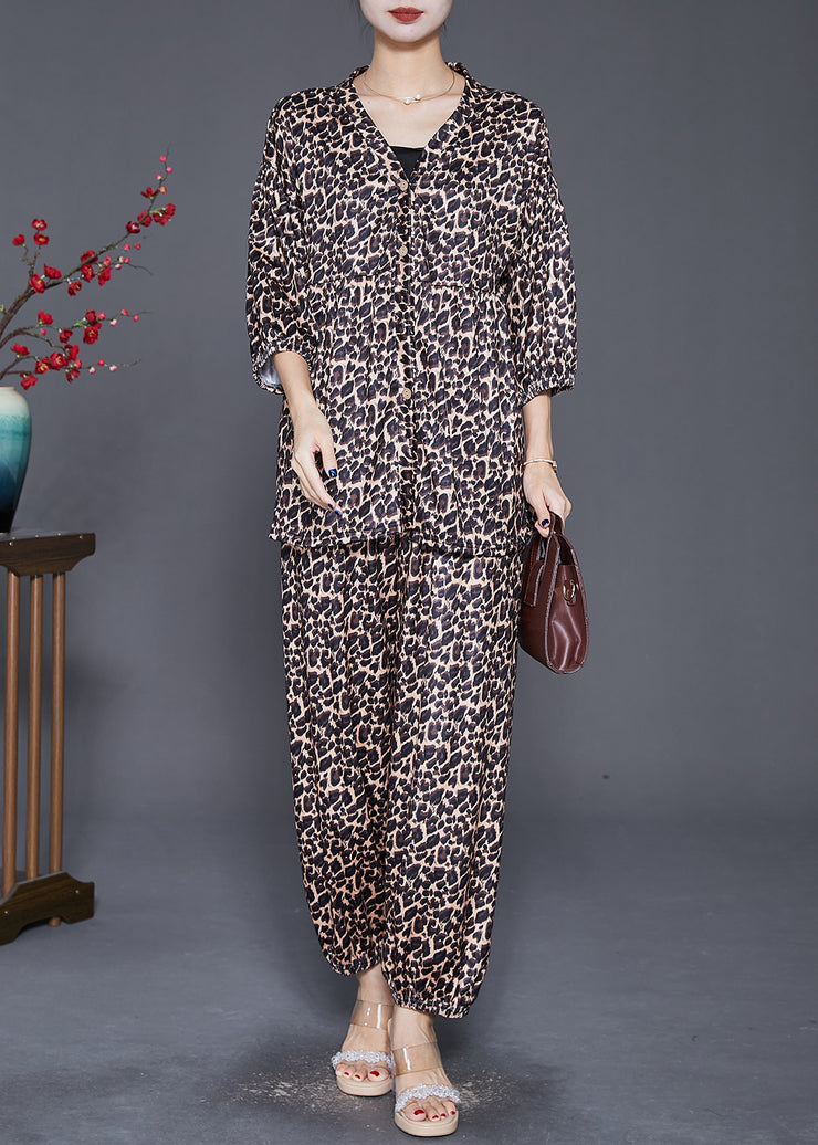 Casual Leopard Print Oversized Cotton Two-Piece Set Fall