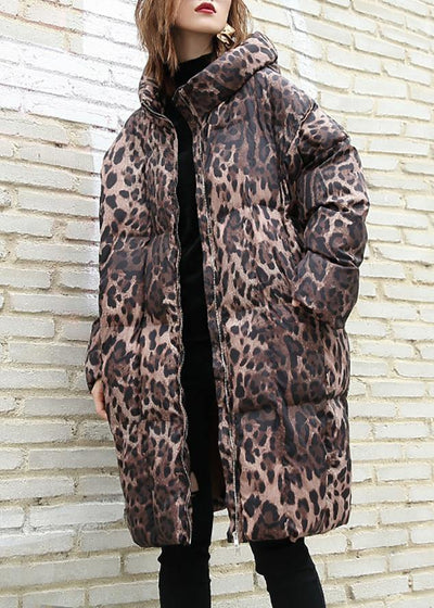 Casual Leopard women plus size Coats winter hooded zippered outwear - SooLinen