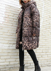 Casual Leopard women plus size Coats winter hooded zippered outwear - SooLinen