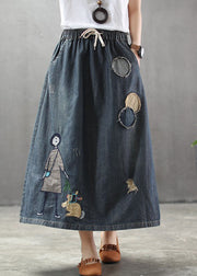 Casual Light Blue Elastic Waist Patchwork Cartoon Embroidered Tulle Denim Skirts Spring