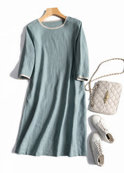 Casual Light Blue O-Neck Linen Dress Half Sleeve