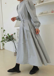 Casual Light Blue O Neck Patchwork Wrinkled Cotton Dress Puff Sleeve