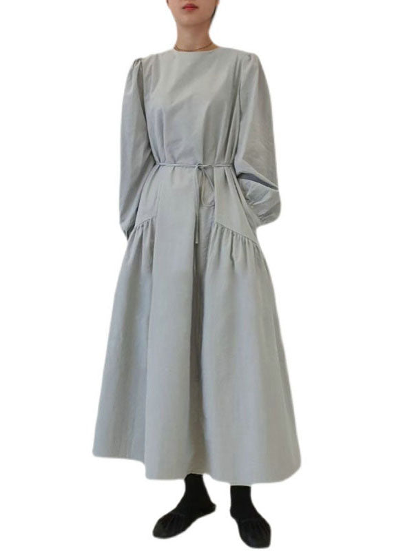 Casual Light Blue O Neck Patchwork Wrinkled Cotton Dress Puff Sleeve