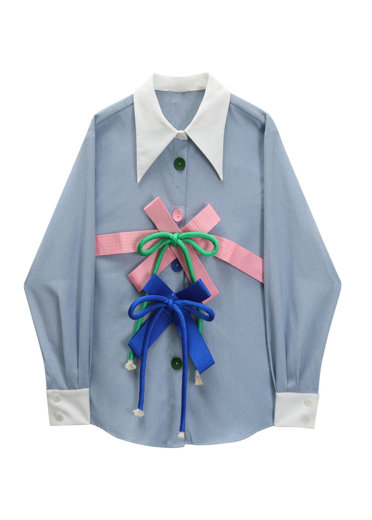 Casual Light Blue Peter Pan Collar Removable Bow Skirts Long Sleeve