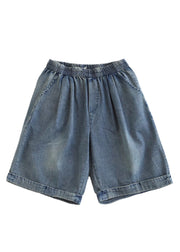 Casual Light Blue Pockets Patchwork Cotton Denim Shorts