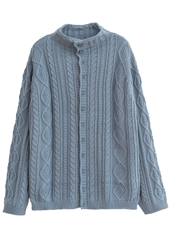 Casual Light Blue Turtle Neck Button Woolen Knit sweaters Spring