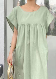 Casual Light Green V Neck Wrinkled Patchwork Cotton Dresses Summer