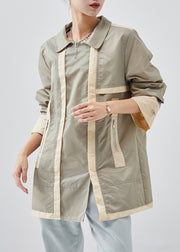 Casual Light Green Zip Up Patchwork Cotton Trench Spring