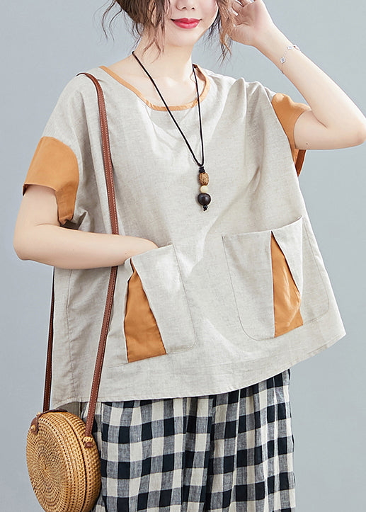 Casual Light Grey Oversized Patchwork Pockets Cotton Tanks Summer