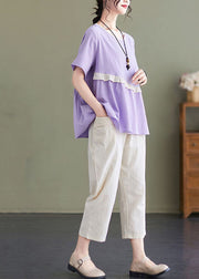 Casual Light Purple O-Neck Ruffled Patchwork Cotton Tops And Harem Pants Two Pieces Set Summer