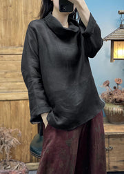 Casual Loose Coffee Turtle Neck Linen Top Long Sleeve